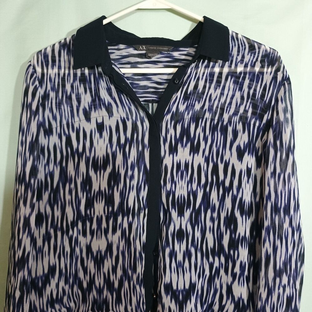 Women's Printed Blouse Button Front Long Sleeve Navy White Business Casual Top - Picture 2 of 4